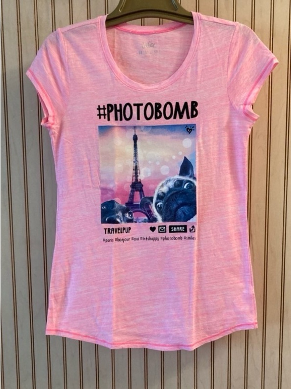 Justice Pink #PHOTOBOMB Eiffel Tower Pug Graphic Tee